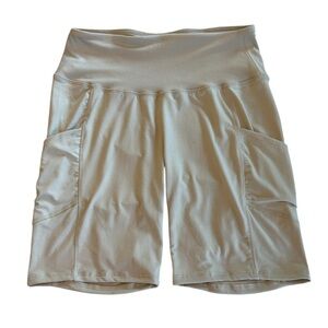 ZENANA WOMENS PLUS ATHLETIC WIDE BAND BIKER SHORTS BEIGE TAUPE SZ 1X POCKETS NEW